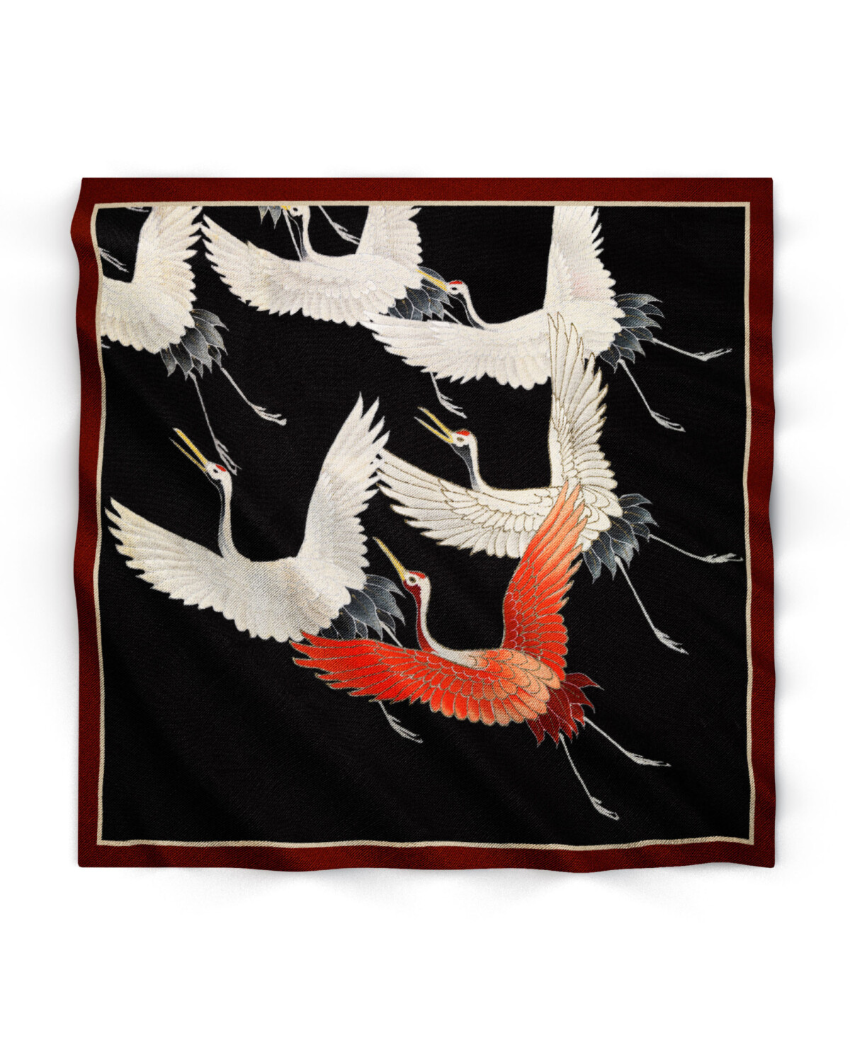 Silk-Feel Asian Fine Art Satin Bandanas Artistic Gift for Her 6 Red Black and White Cranes